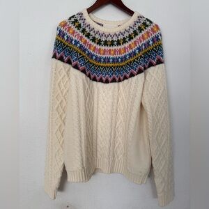 Yitai Cream Cable Knit Sweater with Multicolor Fair Isle Yoke size M